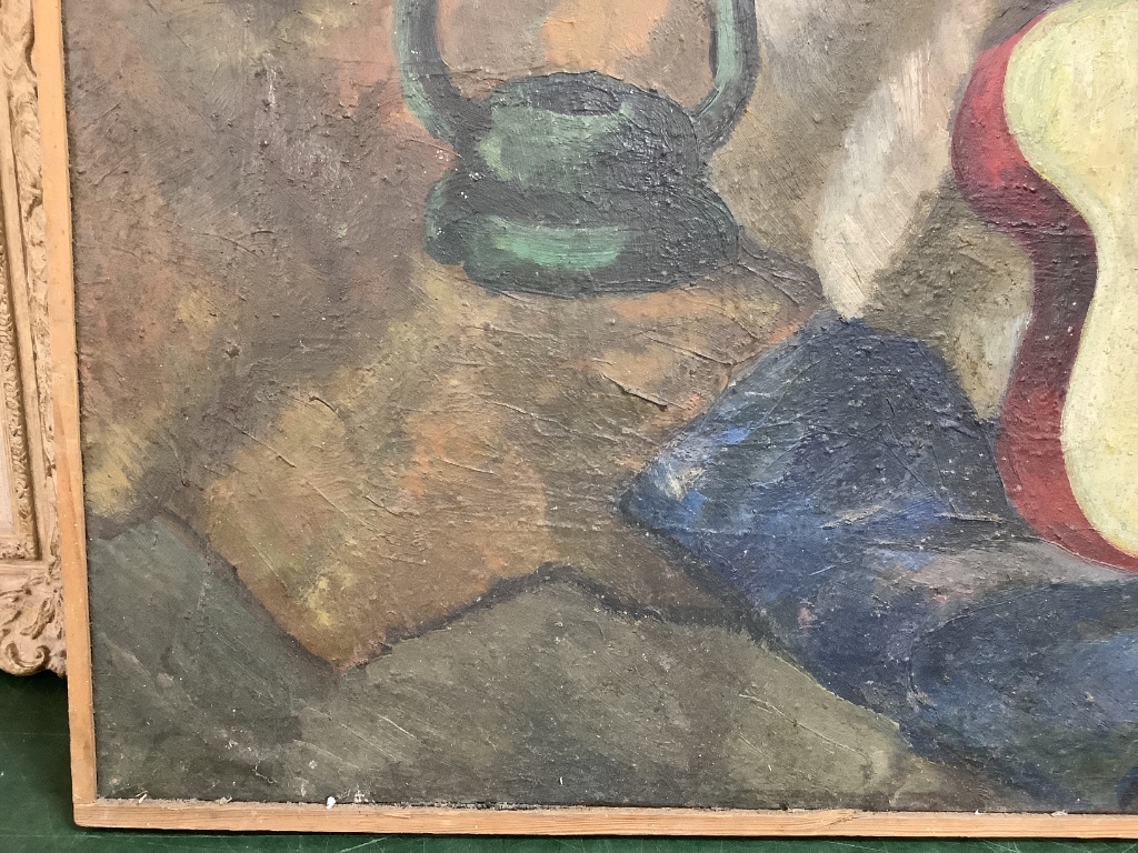 Continental School, oil on canvas, Still life with guitar and lantern, 86 x 86cm